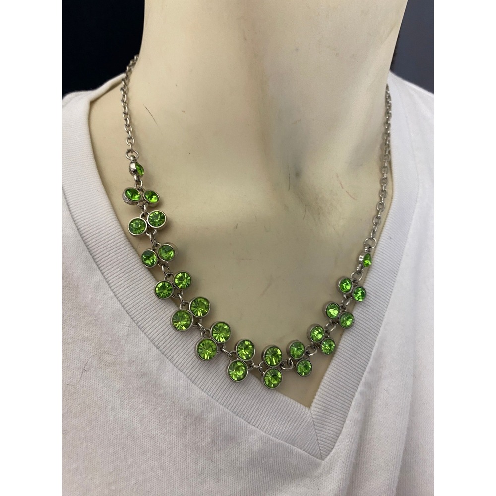 Silver Tone Green Rhinestone Necklace Round Crystal Statement Collar‎